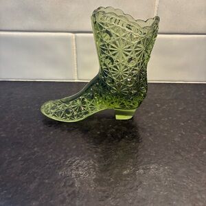 Fenton Art Glass Boot Green Avocado Olive